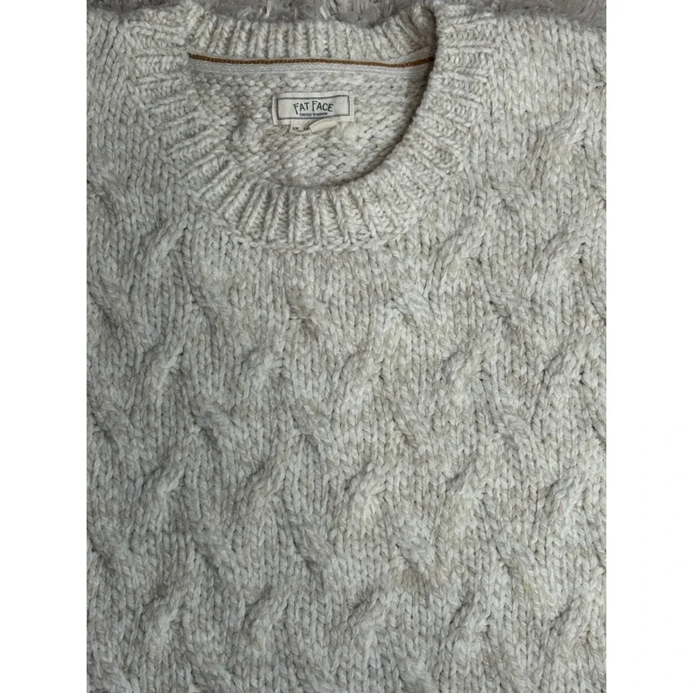Fat Face Womens Cable Knit Sweater Cream Oatmeal‎ Marl Crew Neck Longline Size 8